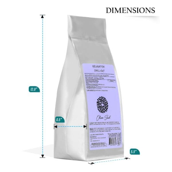 A bag of coffee is shown with measurements.