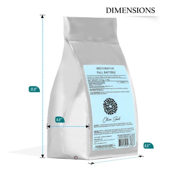 A bag of coffee is shown with the dimensions.