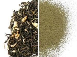 A picture of tea and powder with the words " luxury ingredients = luxury matcha."