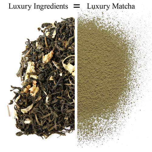 A picture of tea and powder with the words " luxury ingredients = luxury matcha."