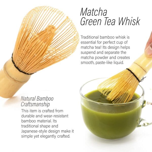 A picture of matcha green tea whisk and cup.