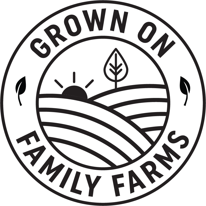 A green and black logo for grown on family farms.