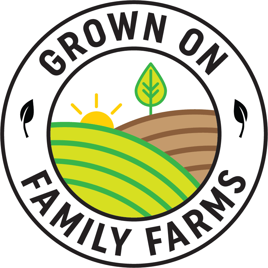 A green background with the words grown on family farms in a circle.