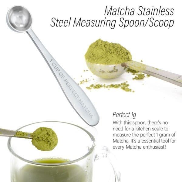 A spoon with matcha powder in it and some other utensils