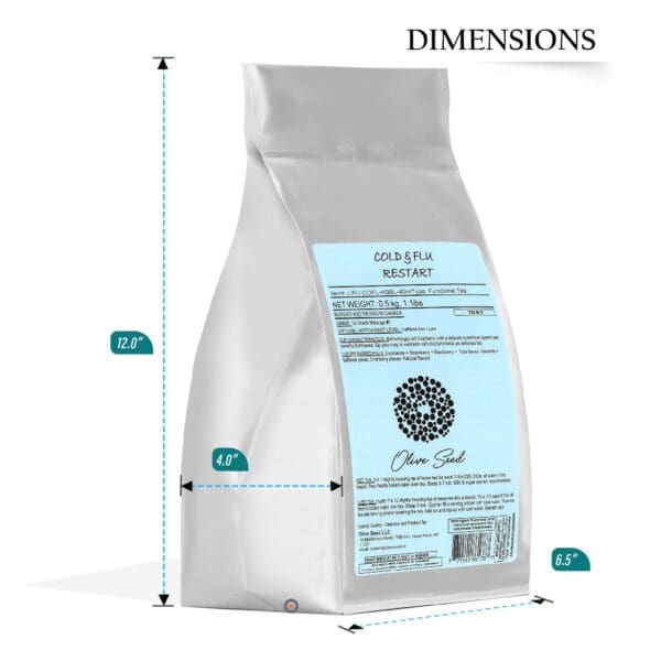 A bag of coffee is shown with the dimensions.