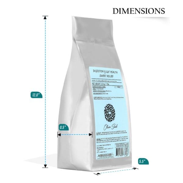 A bag of coffee is shown with measurements.