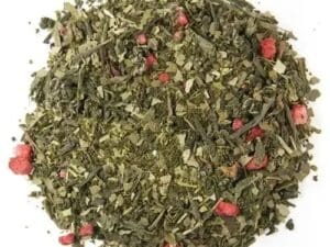 A pile of green tea with red bits.