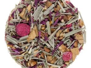 A close up of a tea blend with raspberries