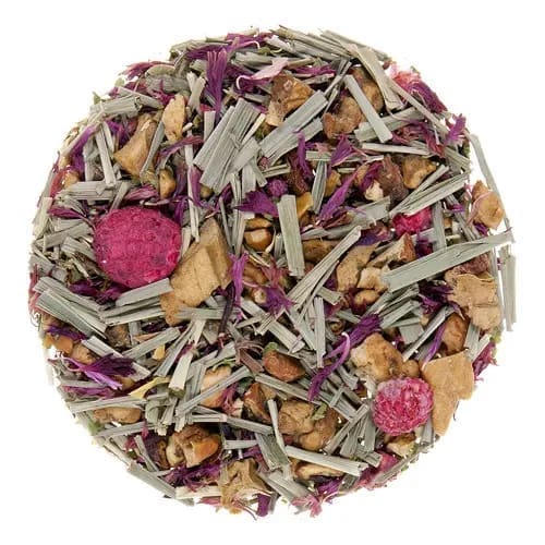 A close up of a tea blend with raspberries