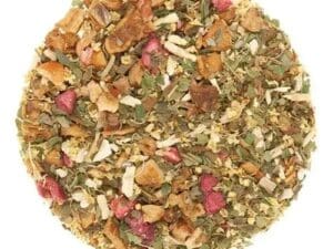 A round of tea with various herbs and spices.